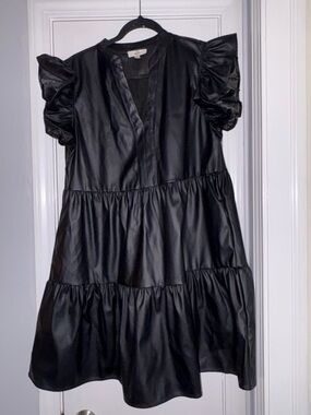 Black Faux Leather Ruffle Sleeve Dress